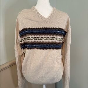 Chaps V-Neck Sweater with Beige and Blue Accents